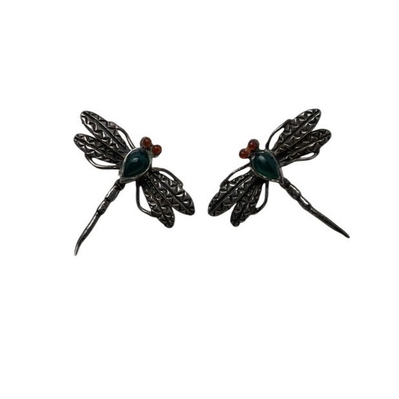 Jewelry - Vintage 925 Sterling Silver Dragonfly Stud Earrings Green Stone Red Eyes 2.5cm